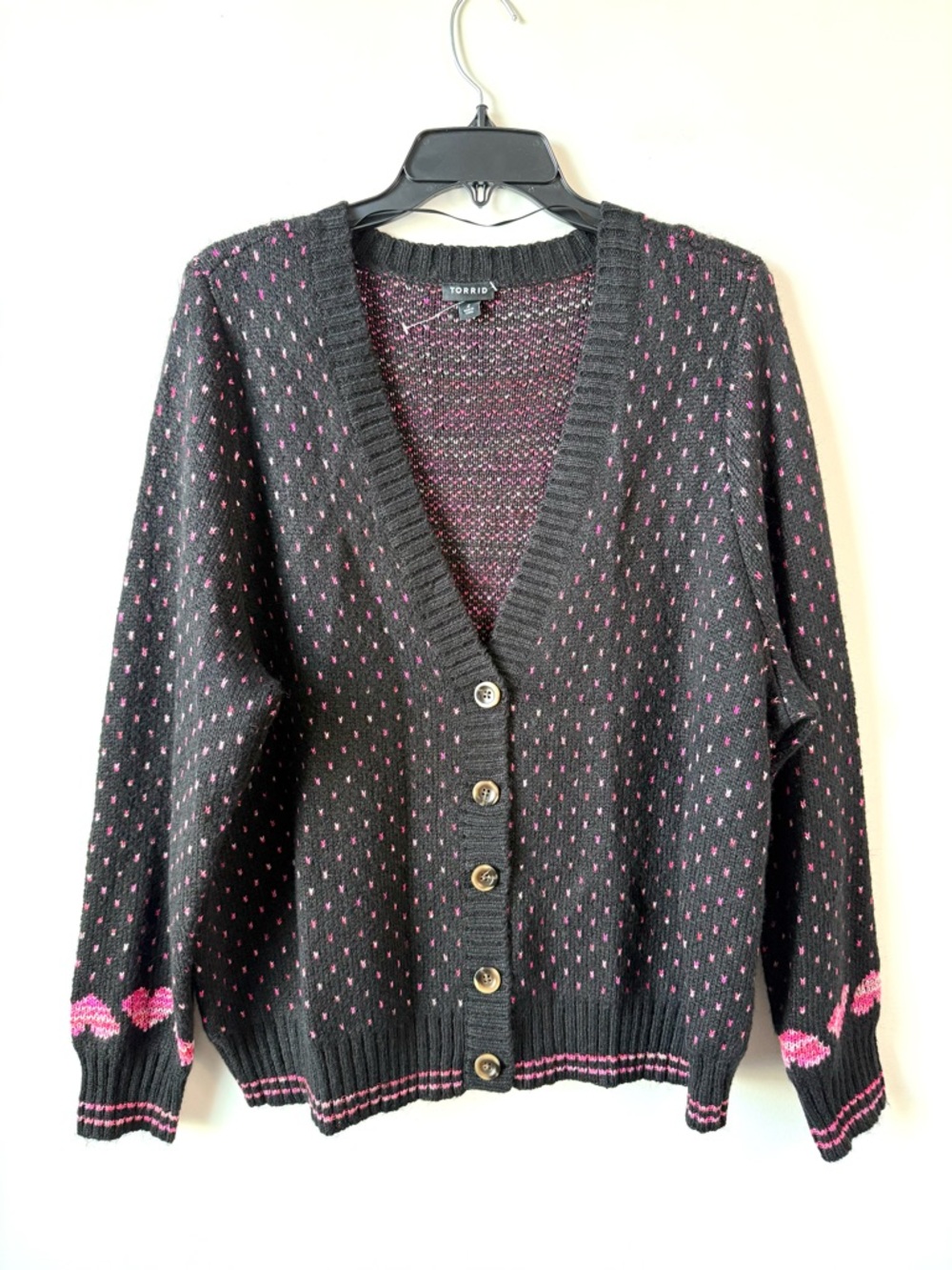 Torrid Button Front V-Neck Cardigan Black Pink Hearts‎ 2X Plus Size - Picture 4 of 9